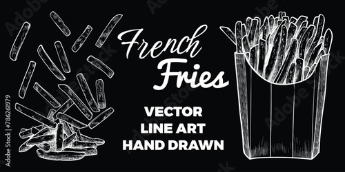 Vector line art hand drawn french fries dropping on a pile of french fries. Vector line art french fries. Hand drawn potatoes in a box. 