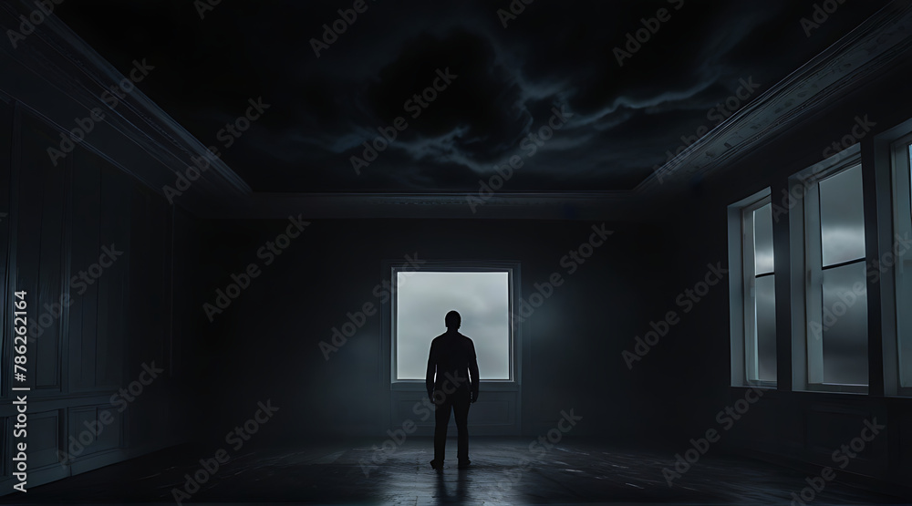 A man surrounded all around by black clouds in a room, concept photo, mental health, Darkness, dark themed, wide rear shot, empty