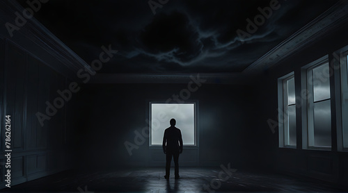 A man surrounded all around by black clouds in a room  concept photo  mental health  Darkness  dark themed  wide rear shot  empty