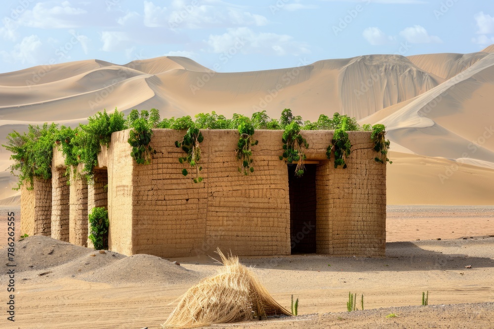 Photograph of an architecture building in the desert made from rammed earth walls with greenery on top. The background is sand dunes. - obrazy, fototapety, plakaty 