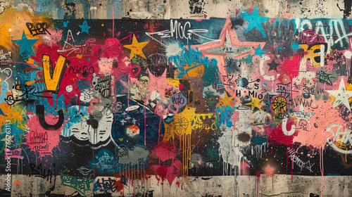 Street art: Walls adorned with vibrant spray painted collages of graffiti in diverse styles