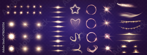 Set of light golden horizontal line effects, bright lights, garlands, stars, comet lights, bokeh effects. Splash of sunlight. PNG raiding. Vector