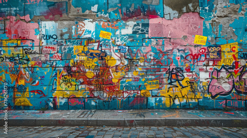 Graffiti-covered walls featuring colorful spray paint art in varied styles. A vibrant and dynamic urban art form showcasing creativity and expression.