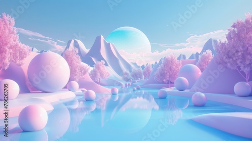 3D landscape C4D cartoon cute style background material：Blue Purple