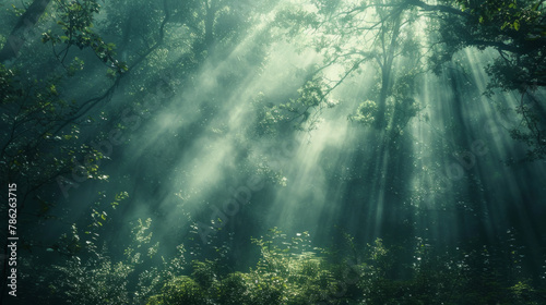 Enchanting misty forest with sunlight shining through, creating a magical atmosphere of wonder and mystery.