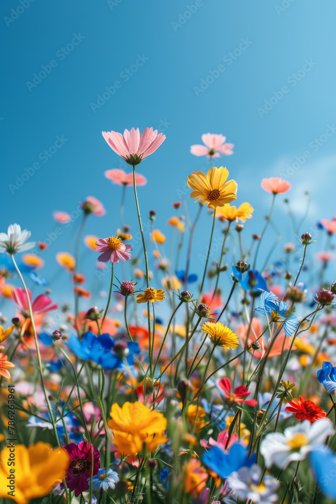 Vibrant spring meadow flowers bursting into the clear blue sky, conveying a sense of joy and abundance.