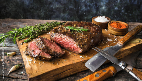 Lebensmittel, Speisen, Rindersteak gebraten, auf einem rustikalen Holzbrett, Steakmesser, KI generiert