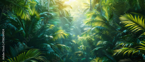 Vibrant panorama of a dense and wild jungle, filled with lush greenery, towering palm trees, and exotic tropical plants