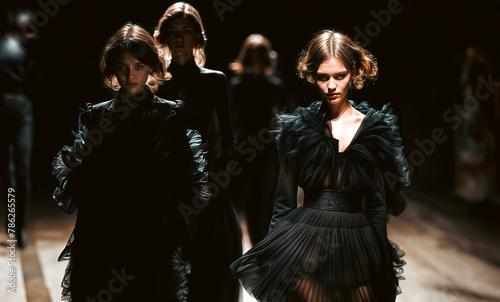 Young female models walk the Runway in new designer gorgeous flowing black dress at fashion show. Fashionable Female Model in Designer Outfit, 
