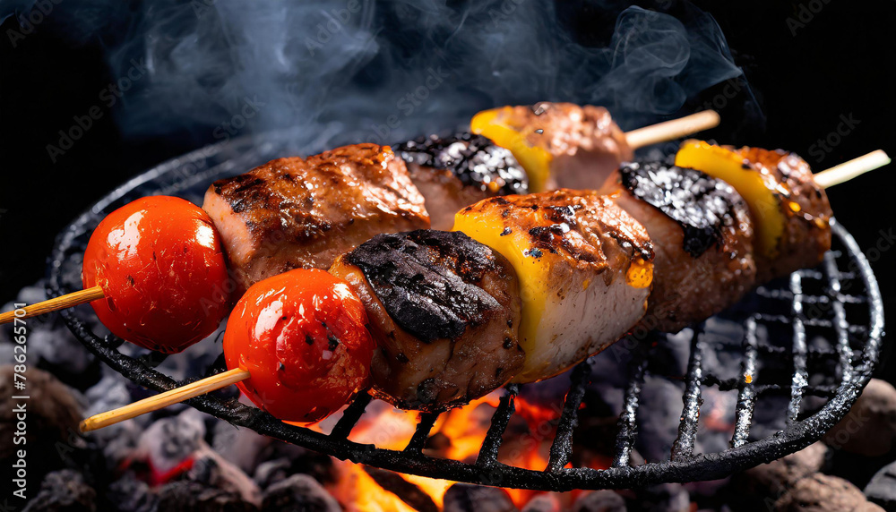 Lebensmittel, Speisen, zwei Fleischspieße auf einem Holzkohlengrill mit ...