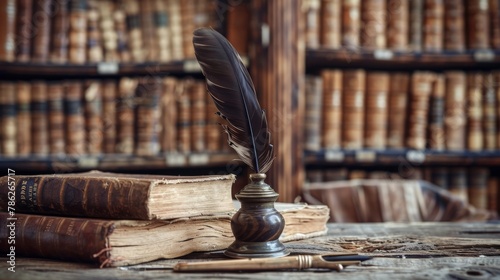 Old books In an old library, a wooden desk hosts a collection of old books, a quill pen, and a vintage inkwell. This nostalgic scene evokes a sense of history and education, offering a conceptual back photo