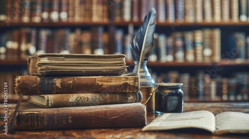 Old books In an old library, a wooden desk hosts a collection of old books, a quill pen, and a vintage inkwell. This nostalgic scene evokes a sense of history and education, offering a conceptual back photo