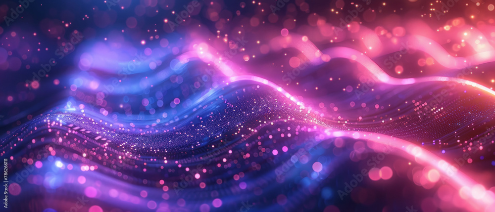 Obraz premium Vibrant abstract background with neon waves and bokeh lights, depicting data transfer concept in a futuristic setting.