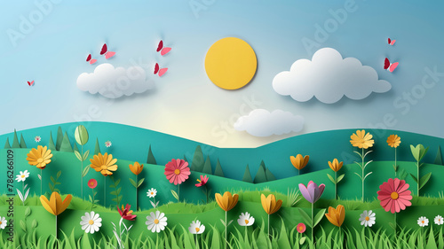 Fototapeta Naklejka Na Ścianę i Meble -  Field with flowers and butterflies in the sky