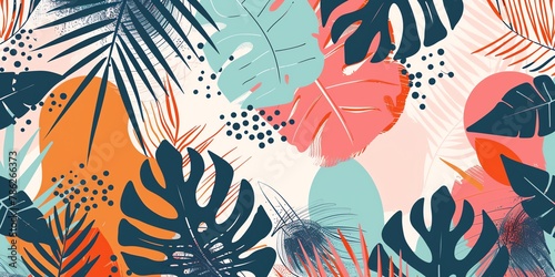 vector illustration of boho abstract shapes and tropical leaves, pastel colors