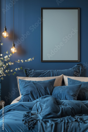 Frame mockup showcasing in a cozy dark blue bedroom interior. 