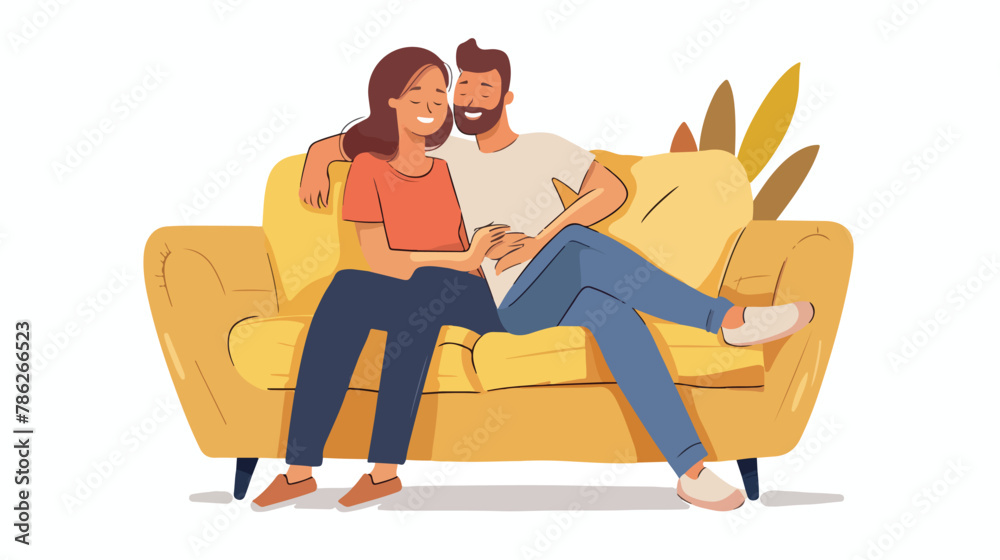 Happy man woman couple in love relaxing sitting on sof