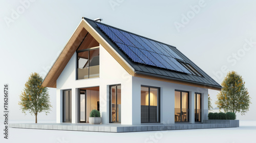 3D model of modern house with solar panels, demonstrating sustainable design for renewable energy.