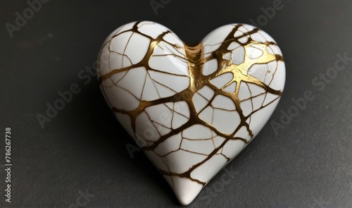 Kintsugi Upcycled white porcelain ceramic heart with golden cracks details. Kintsugi kintsukuroi golden repair is the Japanese art of repairing broken pottery photo