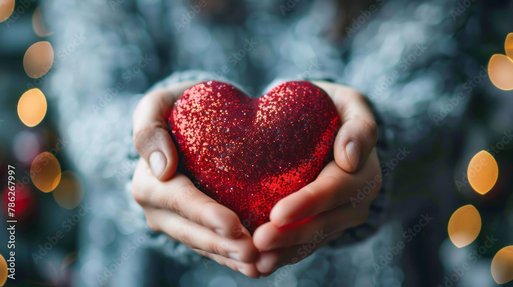 Close-up of Hands Tenderly Holding a Red Glittering Heart with Soft-Focused Lights in Background Close-up of Hands Tenderly Holding a Red Glittering Heart with Soft-Focused Lights in Background
