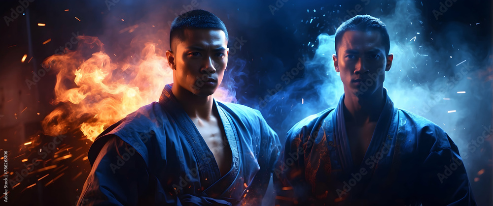 Dramatic image of two martial artists wearing blue gis in a dynamic stance with fire and smoke in the background
