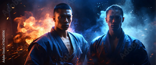 Dramatic image of two martial artists wearing blue gis in a dynamic stance with fire and smoke in the background photo