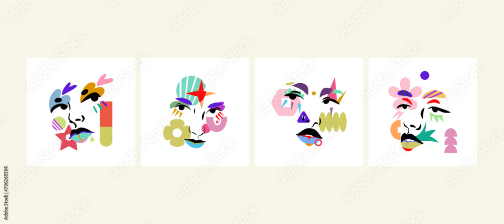 Set of various abstract portraits of girls with geometric multi-colored figures. Hand drawn vector illustration.
