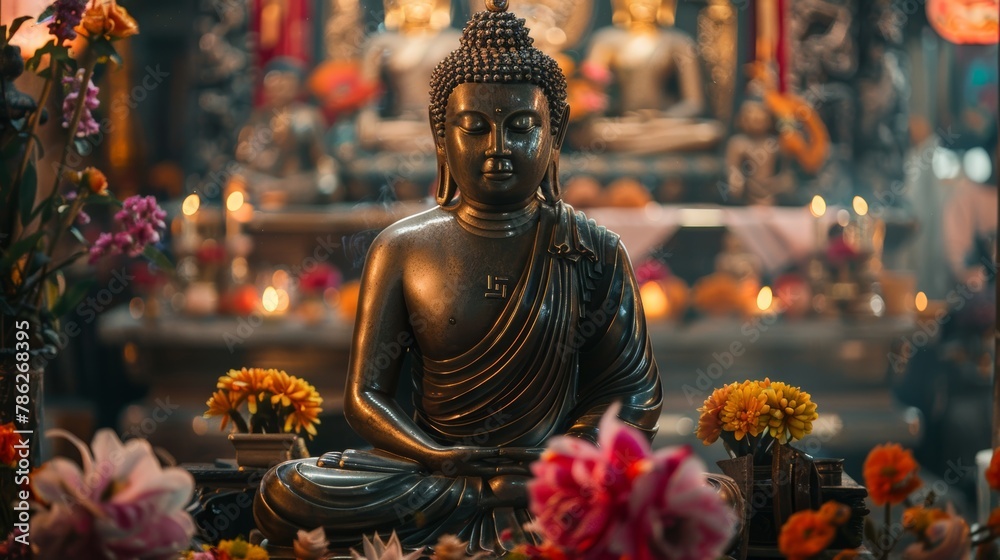 Dark bronze Buddha statue in a temple adorned with marigold flowers and traditional offerings Dark bronze Buddha statue in a temple adorned with marigold flowers and traditional offerings