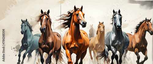 The painting artistically portrays a herd of horses, employing a blend of realism and abstract expression to show their majestic beauty