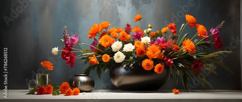 A grand array of orange and purple flowers spread across a wooden shelf, conveying a sentiment of abundance and natural beauty