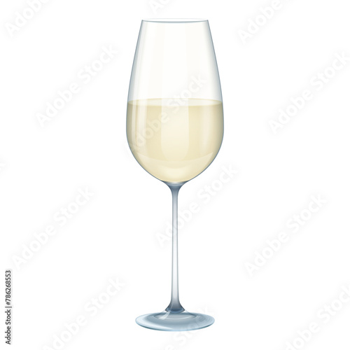 3D glass of white wine, alcohol drink half pouring into tall clear cup vector illustration