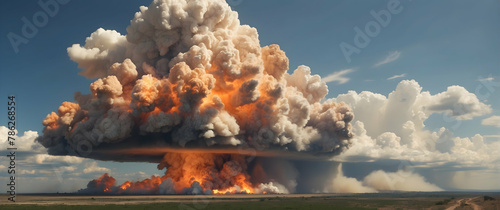 Dramatically lit pyrocumulus clouds loom over a burning land, symbolizing nature's fury and power photo