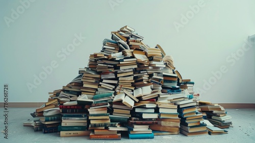 Big pile of books over light background. Education, self-learning, book swap, hobby, relax time  photo