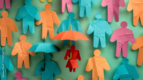 Colorful Paper Figures Under Orange Umbrella on Green Background