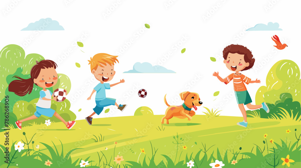 Kids play in summer park vector illustration Cartoon