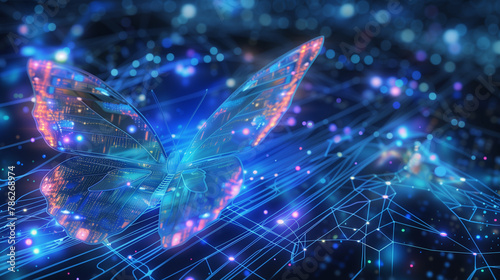 Digital Butterfly with Circuit Patterns on Blue Network Background © Mutshino_Artwork