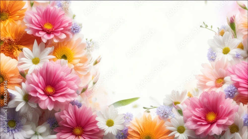 Bright flowers form a frame around a white background.