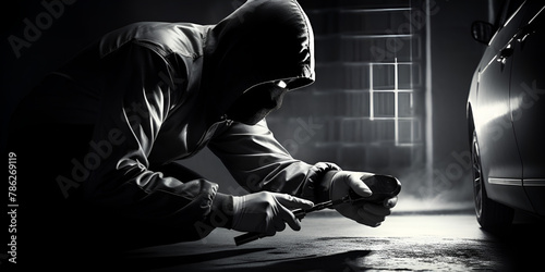 Car thief Masked burglar with hammer wearing a balaclava or thief breaking into a car lock on black background 