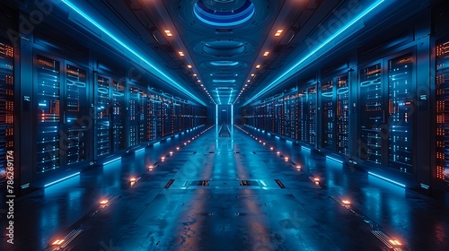 A high-tech computer server room, rows of servers emitting a cool blue light, in a dark, secure facility