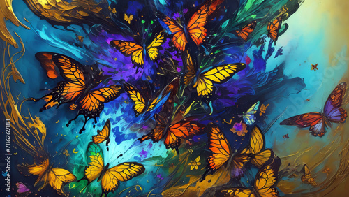 Modern Abstract Art Using a Vibrant Butterfly and Flower Effect Evolving into Colorful 3D Like Dynamic Thick Oil Splash, Spray and Symmetrical Effects © Snap2Art