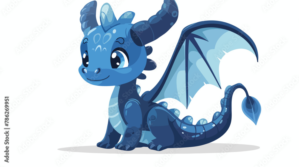 Little cute cartoon blue baby dragon with horns and wi