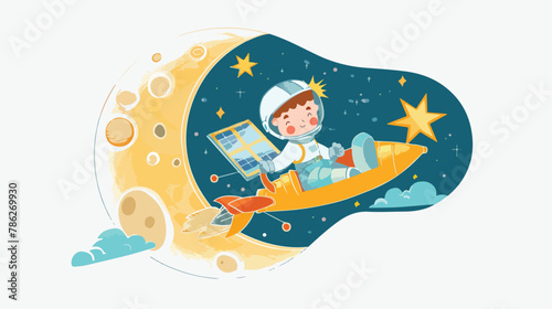 Little boy astronaut piloting his scientific spacecraf