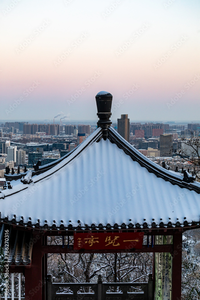 Fototapeta premium Asia, Jinan, Shandong, China, Qianfo Mountain Scenic Architecture, Winter Snow Mountain Tourism Tour 