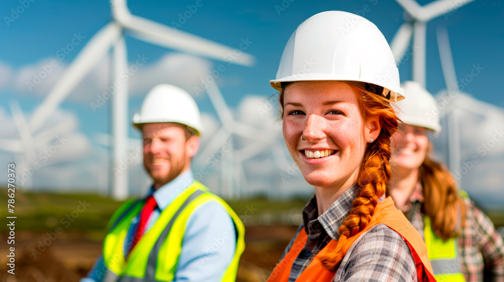 Engineers Overseeing Wind Farm Operations with Smiling Faces Engineers Overseeing Wind Farm Operations with Smiling Faces
