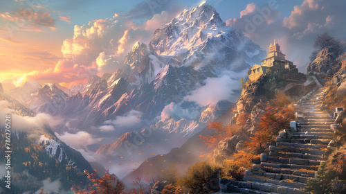 Majestic Mountain Peaks Illuminated by Sunset Skies in Digital Art