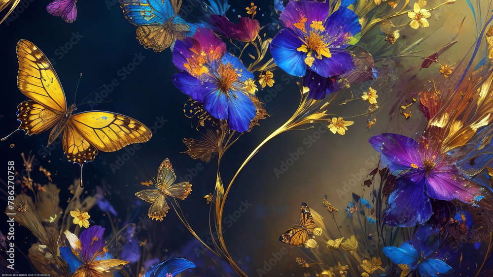 Fantasy Modern Artwork of Mesmerizing Colorful Oil Painted, Jewel-Toned Butterflies And Wild Flowers, Against A Dark Alcohol Ink Background