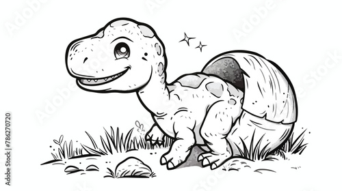 Little happy dinosaur coming out of hatched egg cartoon