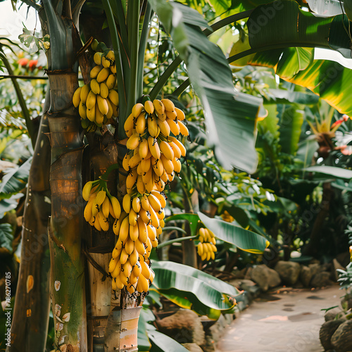 A tall and lush fruit tree, laden with fruit, which are small bananas.