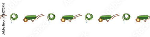 Edging, ribbon, border with outline garden wheelbarrow, rolled hose for irrigation. Gardening equipment. Simple doodle ornament, decorative element, divider on topic of gardening, farming, agriculture