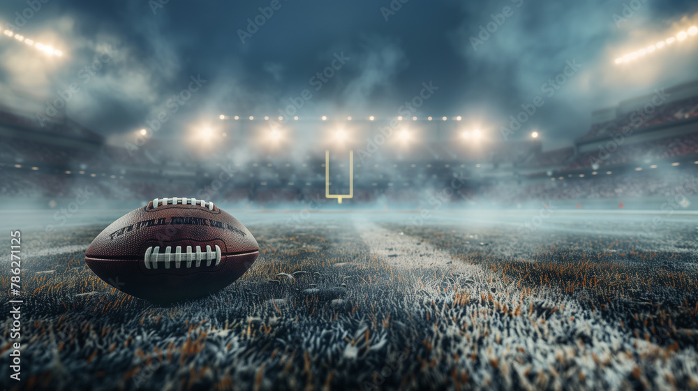 Football on Field Under Stadium Lights with Snowflakes Falling Football on Field Under Stadium Lights with Snowflakes Falling